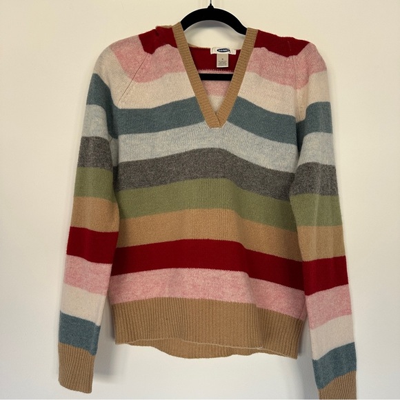Old Navy | Vintage V-Neck Sweater | Multicolour Stripe Long Sleeve Sweater - Picture 1 of 8